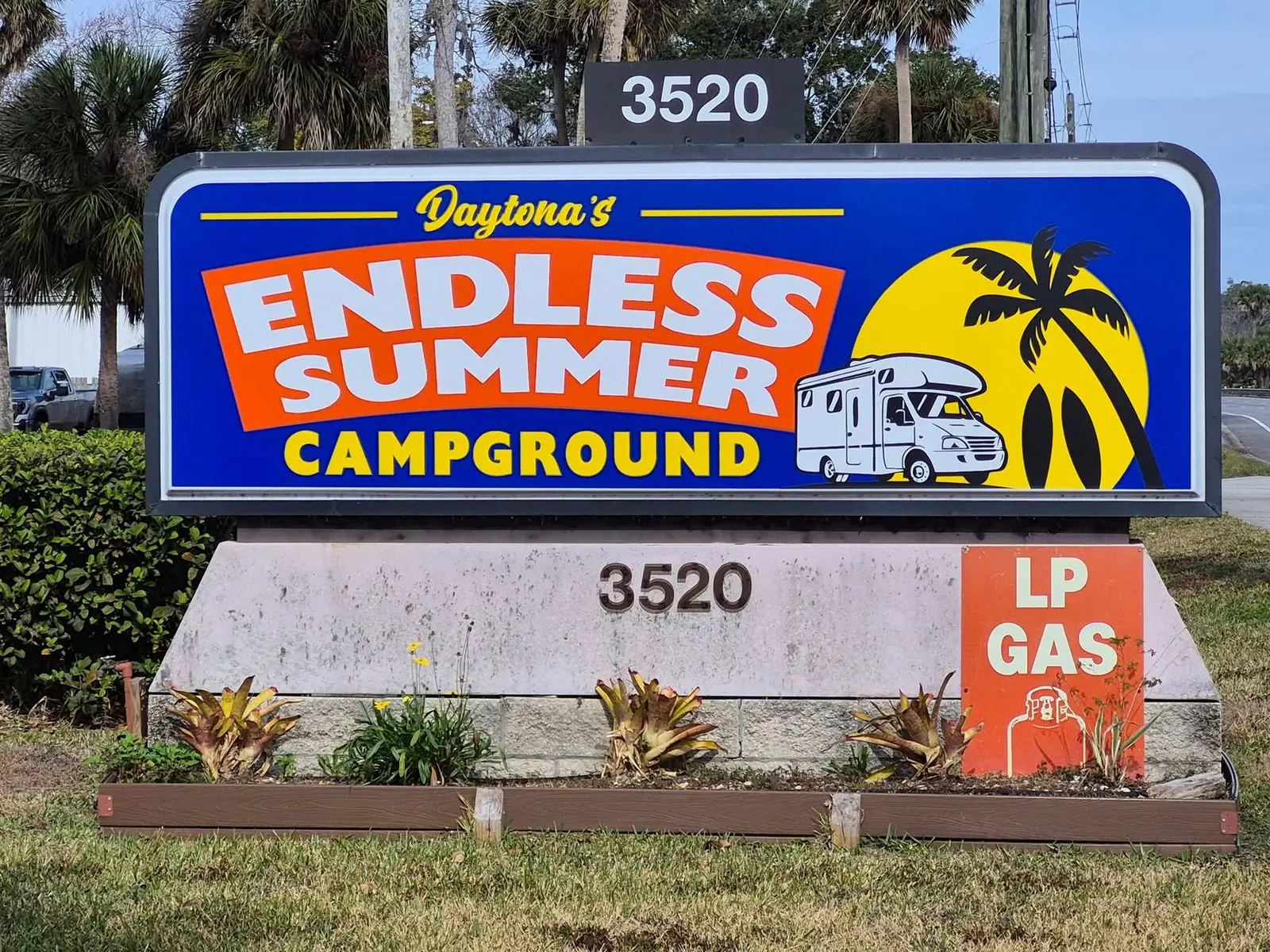 Daytona’s Endless Summer Campground roadside sign at 3520 S Nova Road
