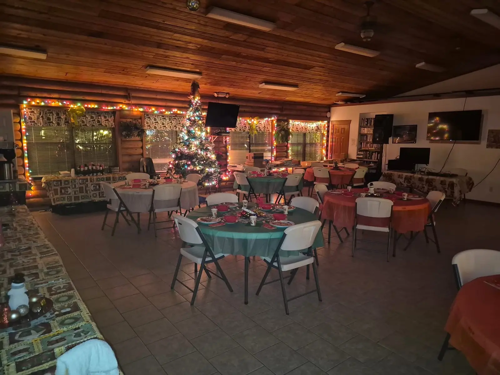 Community room decorated and prepared for a holiday event at Endless Summer Campground