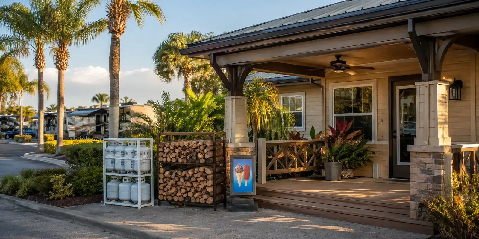 Welcoming campground guest services area with propane and firewood available