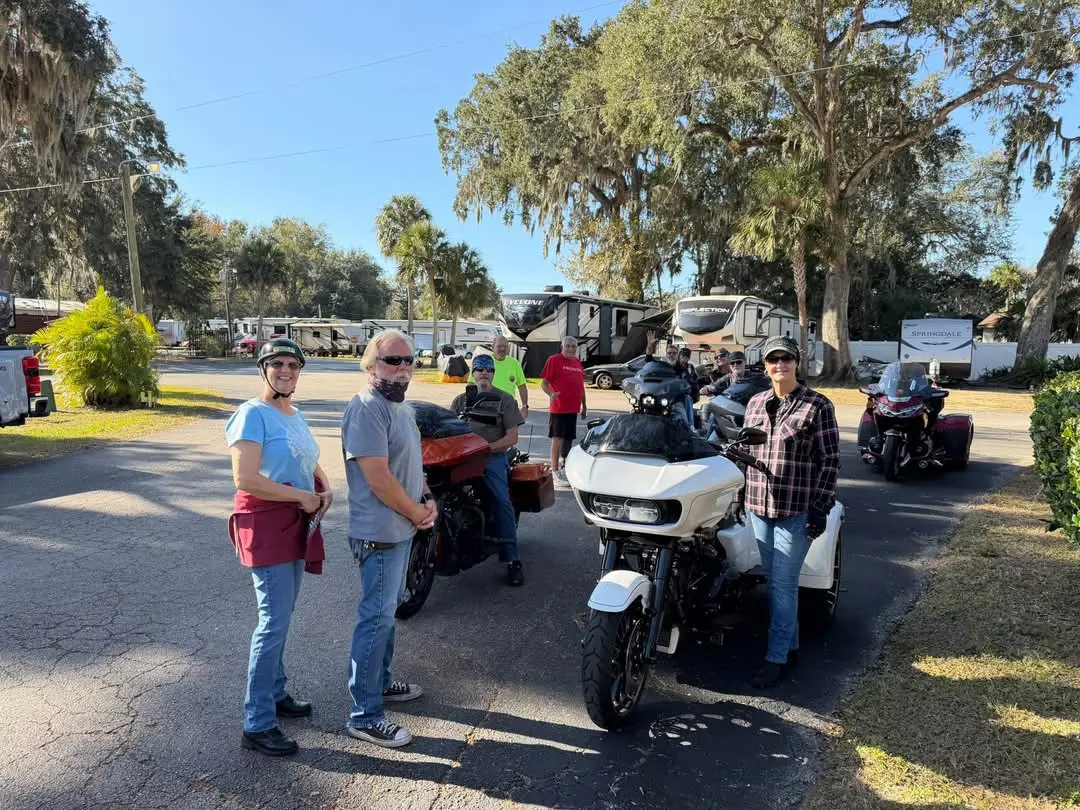 Motorcycle guests gathering for a ride at Endless Summer Campground