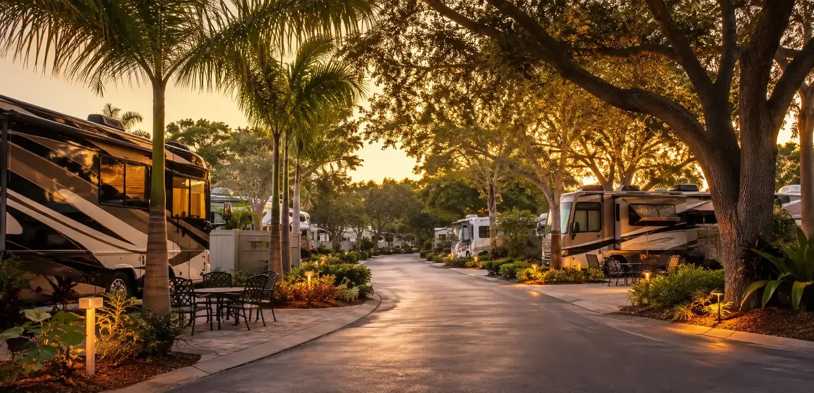 Peaceful and tidy RV campground lane during the evening quiet hours