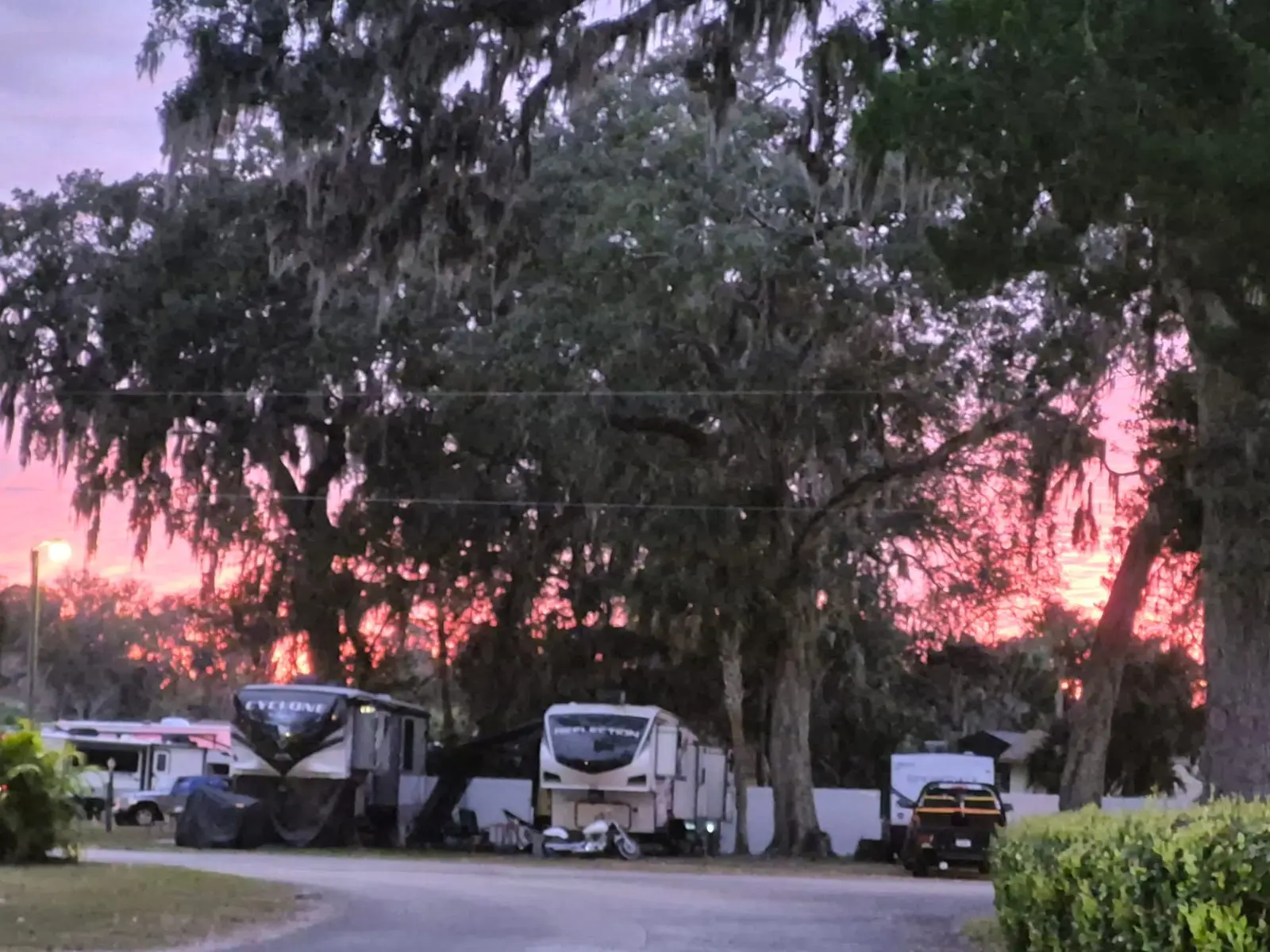 Sunset glowing through oak trees above RV sites at Endless Summer Campground